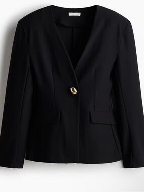 H&M Black Single-Button V-Neck Blazer with Gold Button